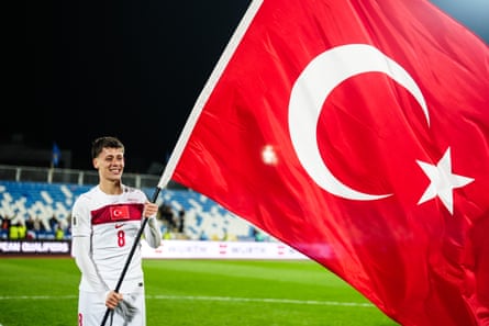 Arda Guler celebrates with a Turkey flag after beating Kosovo