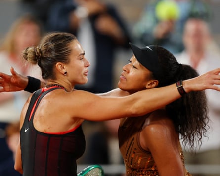 Belarus’ Aryna Sabalenka celebrates winning her fourth round match against Japan’s Naomi Osaka