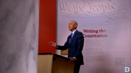 Barack Obama speaks from Philadelphia during the Democratic national convention on 19 August.