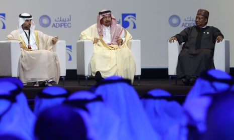 UAE’s Energy Minister Suhail Mohammed Faraj al-Mazroui (L), Saudi Energy Minister Khalid al-Falih (C) and OPEC Secretary General Mohammed Barkindo attend the Abu Dhabi International Petroleum Exhibition and Conference (ADIPEC) today.