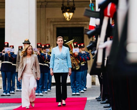 Italian prime minister Giorgia Meloni walks with Danish prime minister Mette Frederiksen at Palazzo Chigi in Rome, Italy.