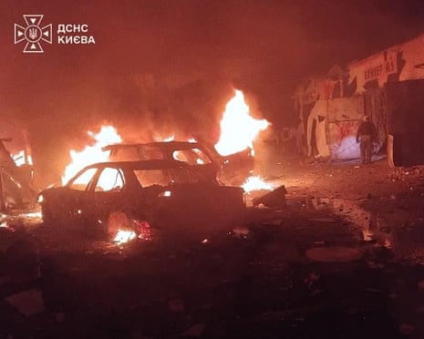 A fire at a garage in the Darnytskyi district of Kyiv following a Russian attack.