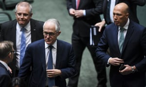 (L-R) Treasurer Scott Morrison, prime minister Malcolm Turnbull, Peter Dutton in parliament house, Canberra, 23 August 2018