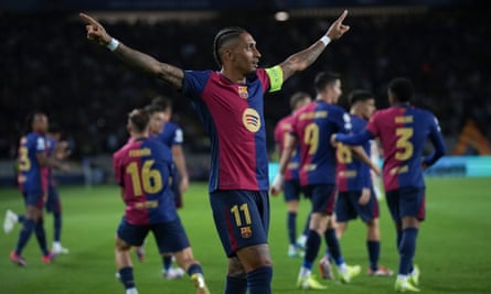 Raphinha celebrates hat-trick against Bayern Munich in the Champions League.