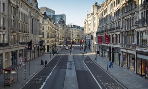 A near-deserted Regent Street, London, shot from a high angle from the centre of the street