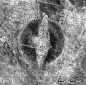 Image generated from a georadar showing a viking ship buried near Halden, 150km south of Oslo, Norway.