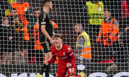 Bobby Clark celebrates scoring for Liverpool against Sparta Prague.