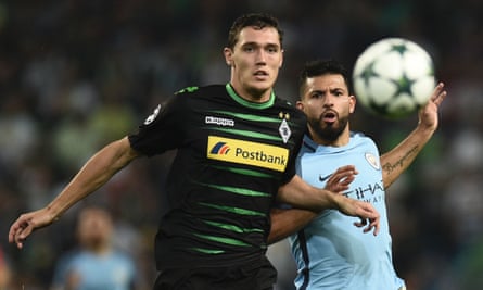 Andreas Christensen, left, competes with Manchester City’s Sergio Agüero during another impressive season with Borussia Mönchengladbach.