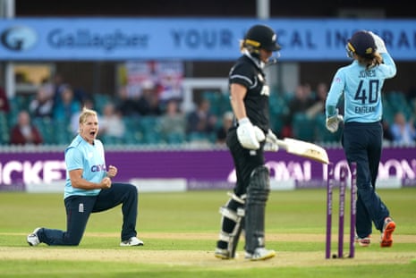 England’s Katherine Brunt celebrates the wicket of New Zealand’s Sophie Devine.