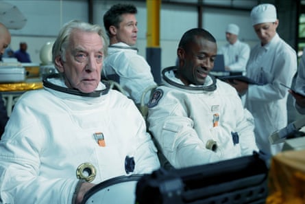 Sutherland with Brad Pitt and Sean Blakemore in Ad Astra (2019).