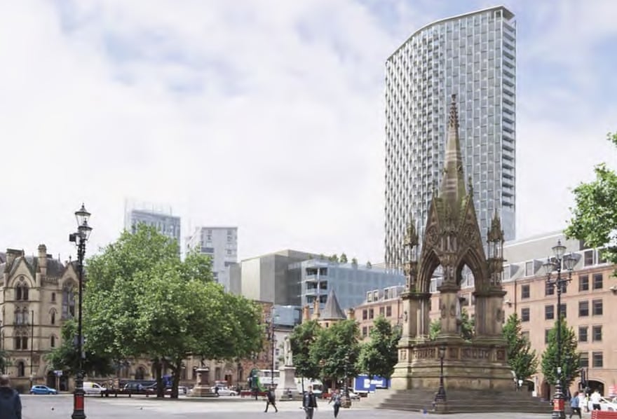 Controversial … CGI showing St Michael’s tower, fronted by Gary Neville and Ryan Giggs, and the historic monuments it will loom over.
