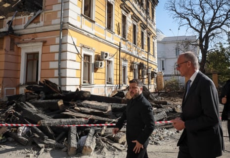 German Chancellor Friedrich Merz visits KyivUkraine's President Volodymyr Zelenskiy and German Chancellor Friedrich Merz visit the site of an administrative building of Ukraine's National Academy of Sciences hit during recent Russian drone strikes, amid Russia's attack on Ukraine, in Kyiv, Ukraine, October 4, 2026. REUTERS/Gleb Garanich