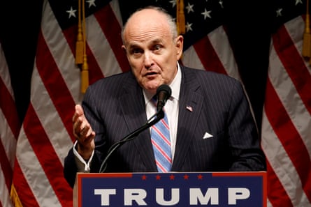 Rudy Giuliani delivers remarks before Donald Trump rallies with supporters in Council Bluffs, Iowa in 2016.