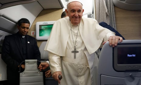 Pope Francis holding a news conference onboard the papal plane on his flight back after visiting Canada.