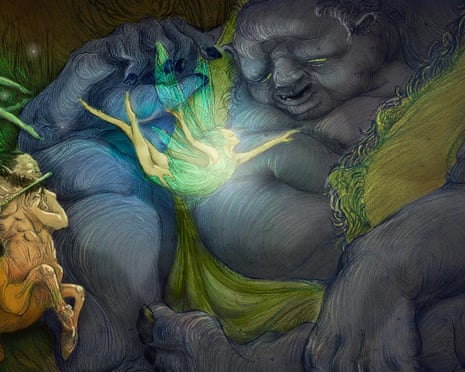 Forest scene with fairies, trolls, centaurs and fauns