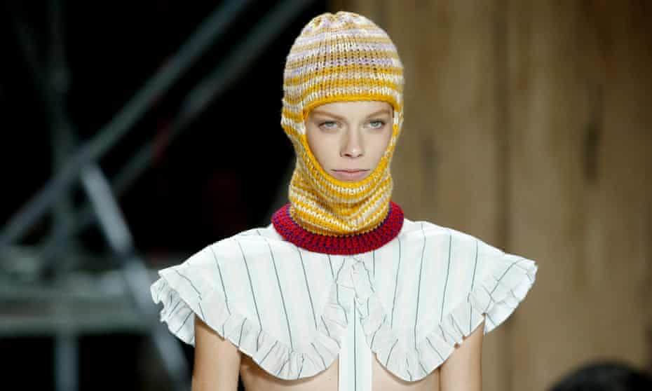 Model wearing a knitted balaclava at the Calvin Klein show at New York fashion week.