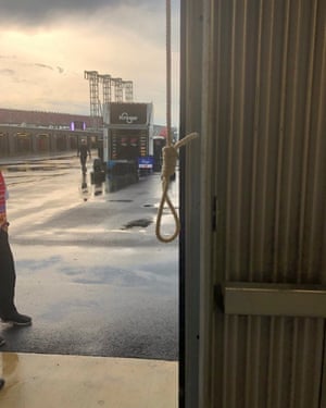 A noose found in the Number 43 garage stall, assigned to driver Bubba Wallace, at Talladega Superspeedway in Talladega, Alabama