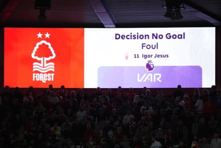 The big screen shows Igor Jesus has been deemed to have fouled Caleb Yirenkyi on review.