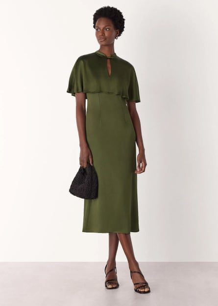 Whistles Olive Cape Satin Midi Dress