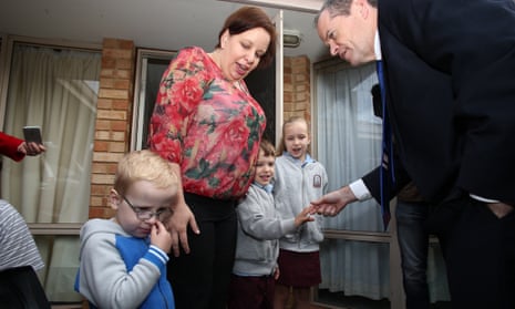 Bill Shorten visits the Clarke family in Stratton in the federal electorate of Hasluck while campaigning in Perth with mum Natalie, Caitlin 9, Jacob 5 and Zac 3.