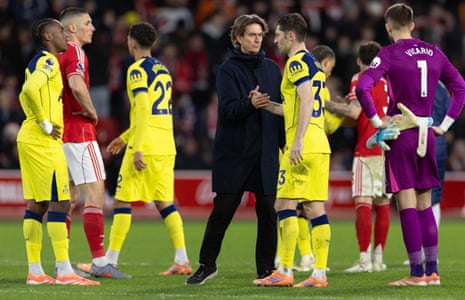 Thomas Frank greets his Tottenham Hotspur players immediately after the drubbing they suffered at the hands of Nottingham Forest last weekend.