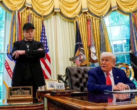 President Donald Trump and Elon Musk speak to reporters in the oval office of the White House on 30 May.