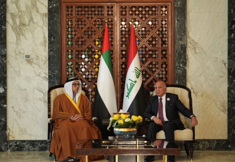 Iraqi foreign minister Fuad Hussein sits with Sheikh Mansour bin Zayed Al Nahyan, UAE vice-president and deputy prime minister, in Baghdad, Iraq.