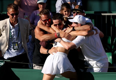 Maria Sakkari celebrates with her team including partner Konstantinos Mitsotakis after victory against Kamilla Rakhimova.