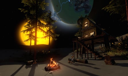 Screen shot of a woodland camp and cabin from Outer Wilds.