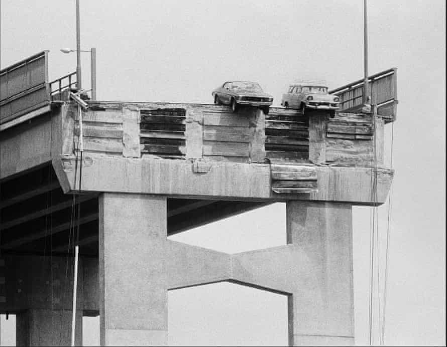 Two cars were left balancing precariously above the Derwent River