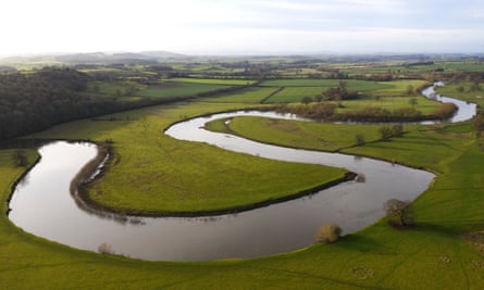 Aerial view of the River Severn winding its way through Leighton in Shropshire.