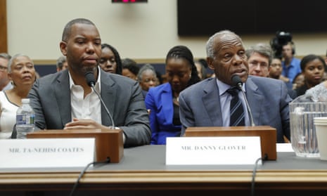 The actor Danny Glover, right, testifies before Congress about reparations alongside the author Ta-Nehisi Coates. Glover appeared at a town hall in Evanston to discuss the same issue.