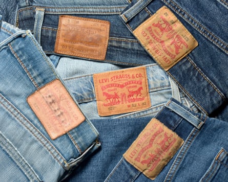 Levi Strauss original jeans various models leather labels close up detail from above