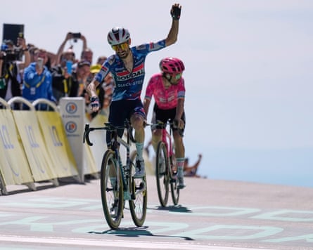 Valentin Paret-Peintre crosses the finish line ahead of Ben Healy on top of Mont Ventoux to win stage 16 of the Tour de France