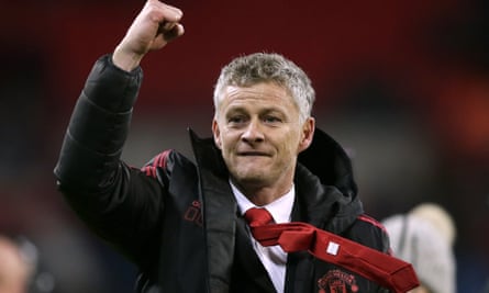 Solskjaer celebrates beating Tottenham at Wembley in the early weeks of his reign
