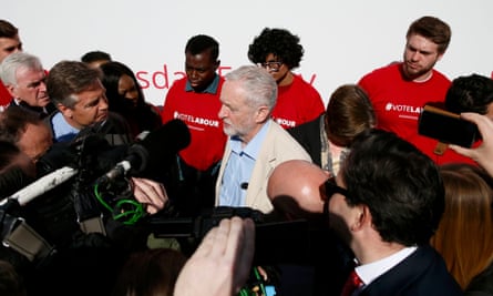 Corbyn confronted by reporters at a poster launch