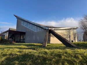 A church with dramatic slanted roof