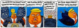 The Guardian’s Steve Bell comments in his inimitable way about Donald Trump’s tweet yesterday floating the idea of delaying the November election.