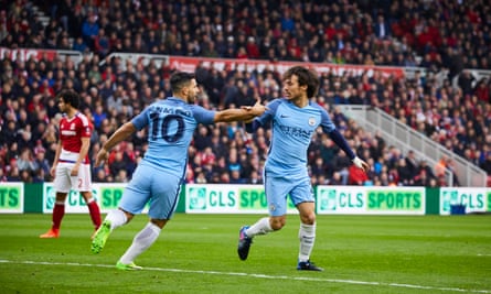 Manchester City’s David Silva, right, is congratulated by Sergio Agüero after he opened the scoring.