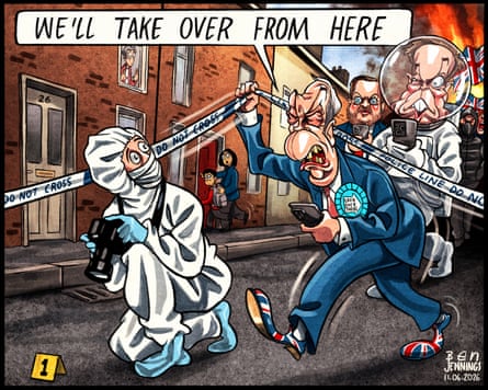 Cartoon depicting Nigel Farage walking under a police cordon and saying ‘we’ll take over from here’.
