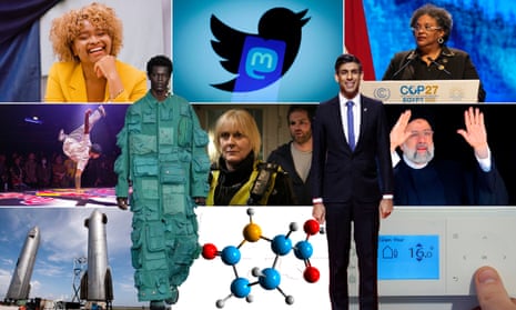 Clockwise from top left, author Ore Agbaje-Williams; the logos of Elon Musk’s Twitter and its rival Mastodon; Mia Mottley, president of the Bahamas; Iranian president Ebrahim Raisi; a heating thermostat in the cost of living crisis; Rishi Sunak; the molecular structure of pyroglutamic acid, an agent in nootropic drugs; pockets are back in Marine Serre’s latest collection; SpaceX’s Starship prototype; the new Olympic sport of breaking; Sarah Lancashire and Rob Hepworth in Happy Valley
