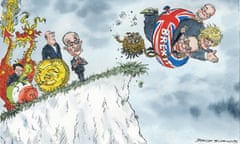 Cartoon of Brexit campaigners going over a cliff watched by spectators including Alan Greenspan