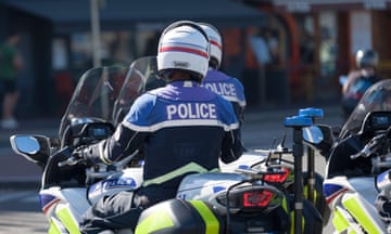 Cherbourg-en-Cotentin, France - August 06 2020: National police bikers on patrol.<br>2J04CA9 Cherbourg-en-Cotentin, France - August 06 2020: National police bikers on patrol.