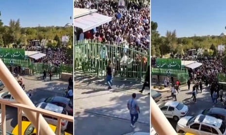 A composite of three images taken from a video posted online on 2 October showing Iranian students attempting to open the entrance gate at the University of Isfahan.