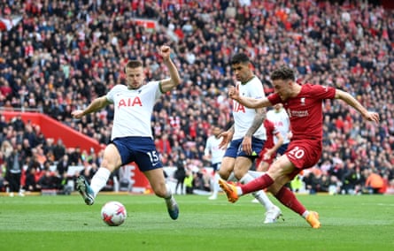 Diogo Jota scores Liverpool’s winner against Tottenham in April 2023