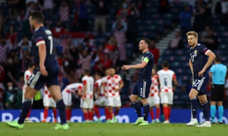 Dejection for Scotland’s players after Luka Modric fired Croatia ahead for the second time.