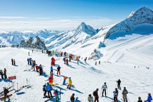 Winter ski resort Hintertux, Tirol, AustriaSkiers on top at winter ski resort Hintertux, Tirol, Austria.