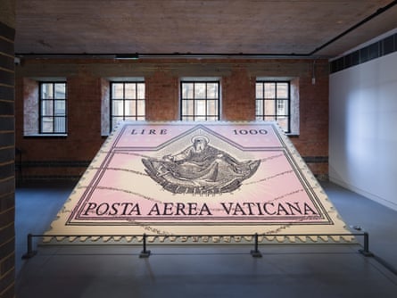 House Rules at Arts Collective, Northampton showing a large rug designed after a Vatican postage stamp.