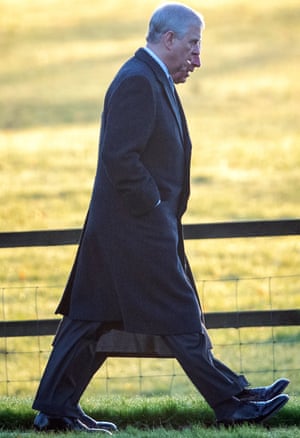Prince Andrew, with Prince Charles behind, arrive for the morning service at St Mary Magdalene Church, Sandringham.
