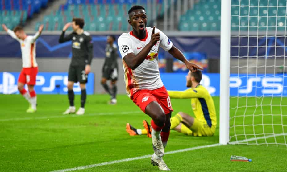 Amadou Haidara celebrates volleying in RB Leipzig’s second goal at the far post in their decisive Champions League victory against Manchester United.